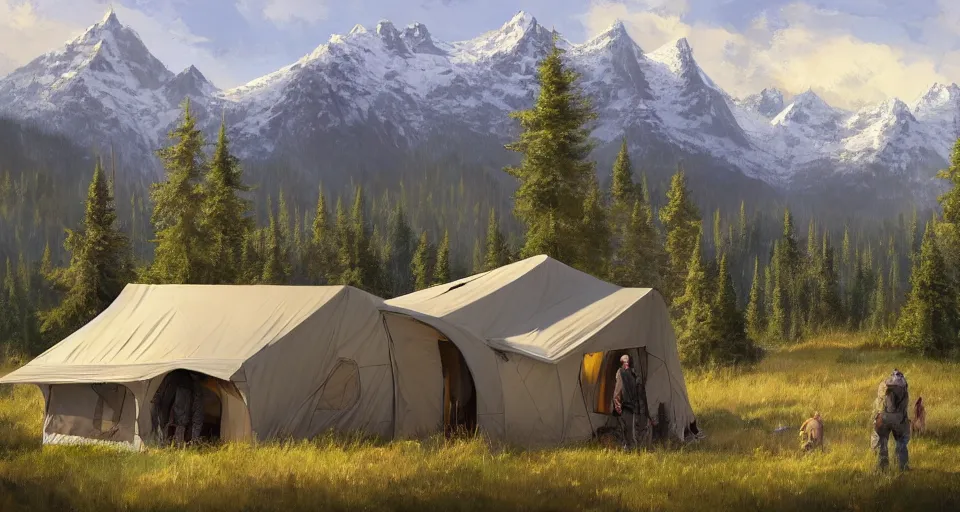 Image similar to cabela's beautiful comfortable modular insulated wall kit - house all weather family dwelling tent house, person in foreground, mountainous forested wilderness open fields, beautiful views, painterly concept art, joanna gaines, environmental concept art, farmhouse, magnolia, concept art illustration, by james gurney, by craig mullins, by greg rutkowski trending on artstation