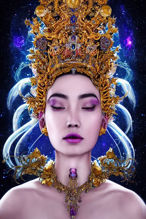 Image similar to a beautiful empress portrait, with a brilliant, impossible striking big cosmic galaxy headpiece, clothes entirely made out of cosmos chaos energy, symmetrical, dramatic studio lighting, rococo, baroque, jewels, asian, hyperrealism, closeup, D&D, fantasy, intricate, elegant, highly detailed, digital painting, artstation, octane render, 8k, concept art, matte, sharp focus, illustration, art by Artgerm and Greg Rutkowski and Alphonse Mucha