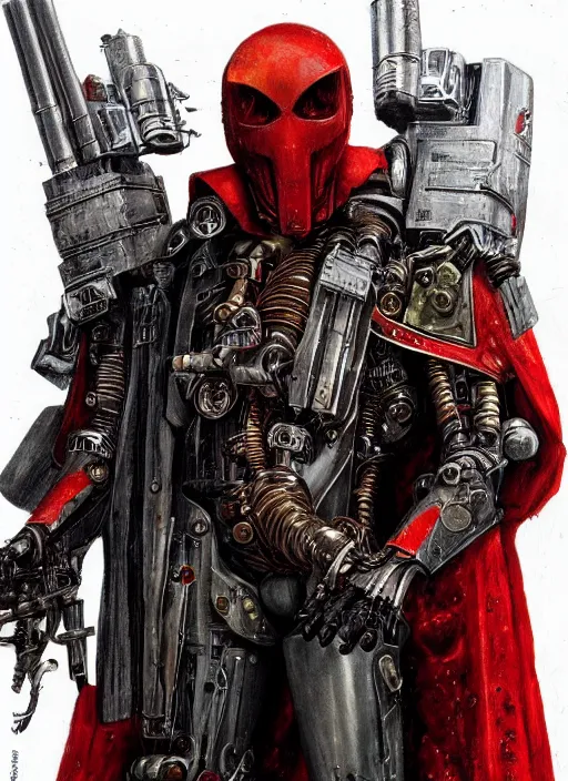 Image similar to portrait of rotten Tom Cruise as adeptus mechanicus in red hood and robe from Warhammer 40000. Highly detailed, artstation, illustration by and John Blanche and zdislav beksinski and wayne barlowe and Gustav Klimt