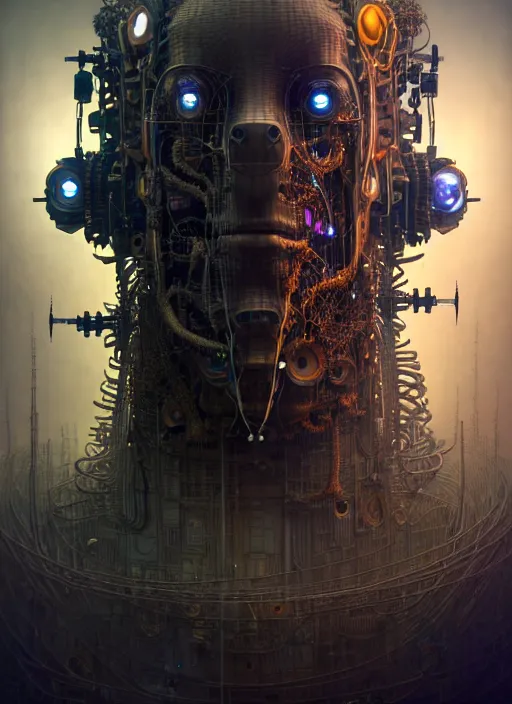 Image similar to A photorealistic 3d render of a robot monster cyborg made of circuits wide view shot by ellen jewett , tomasz alen kopera and Justin Gerard symmetrical features, ominous, magical realism, texture, intricate, ornate, royally decorated, android format, windows, many doors, roofs, complete house , whirling smoke, embers, red adornments, red torn fabric, radiant colors, fantasy, trending on artstation, volumetric lighting, micro details, 3d sculpture, ray tracing, 8k