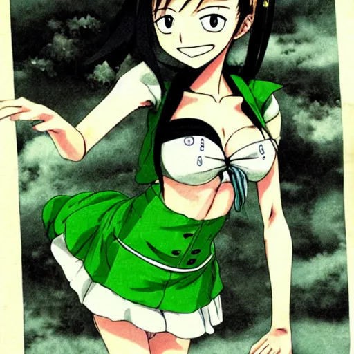 Image similar to anime, girl, green dress, flying, one piece, by eiichiro oda