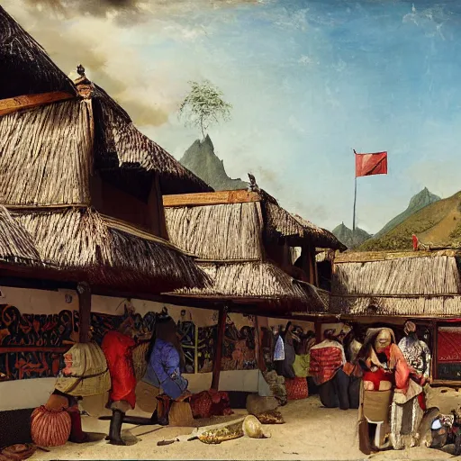 Prompt: architectural painting of Indonesian Maori Tlingit bazaar, by Bruegel and Greg Rutkowski and Nathan Jackson