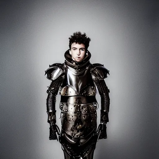 Prompt: a portrait of a beautiful young male wearing an alexander mcqueen armor made of dark matter, photographed by andrew thomas huang, artistic