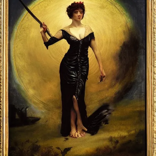 Image similar to portrait of persephone as goddess of death, action heroine by alfred stevens