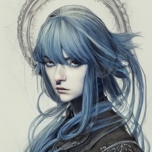 Image similar to portrait of a ranni the witch from elden ring, blue hair, baroque style, elegant, beautiful, mesmerizing, concept art, highly detailed, artstation, behance, deviantart, inspired by innocent manga, inspired by castlevania concept art, trending, ayami kojima, shinichi sakamoto