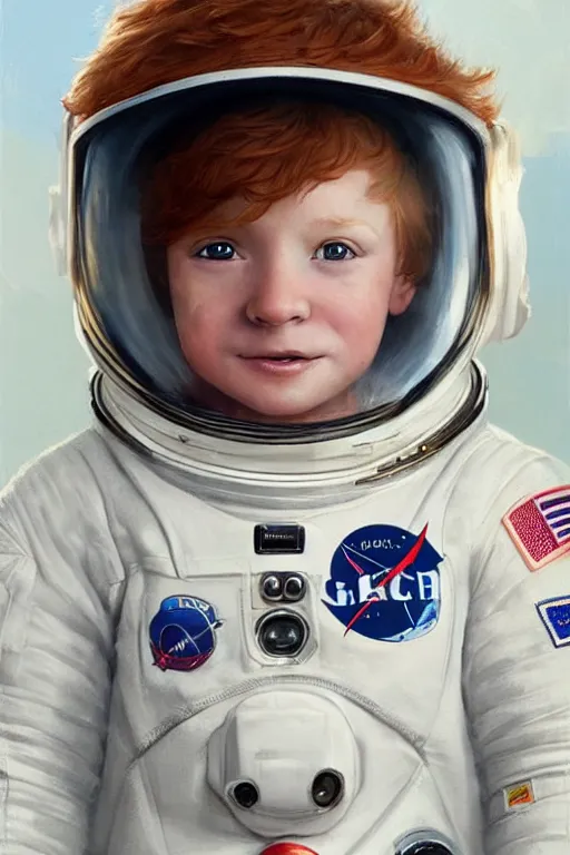 Image similar to a little boy with a michievous face and ginger hair. he is an astronaut, wearing a space suit. clean elegant painting, beautiful detailed face. by artgerm and greg rutkowski