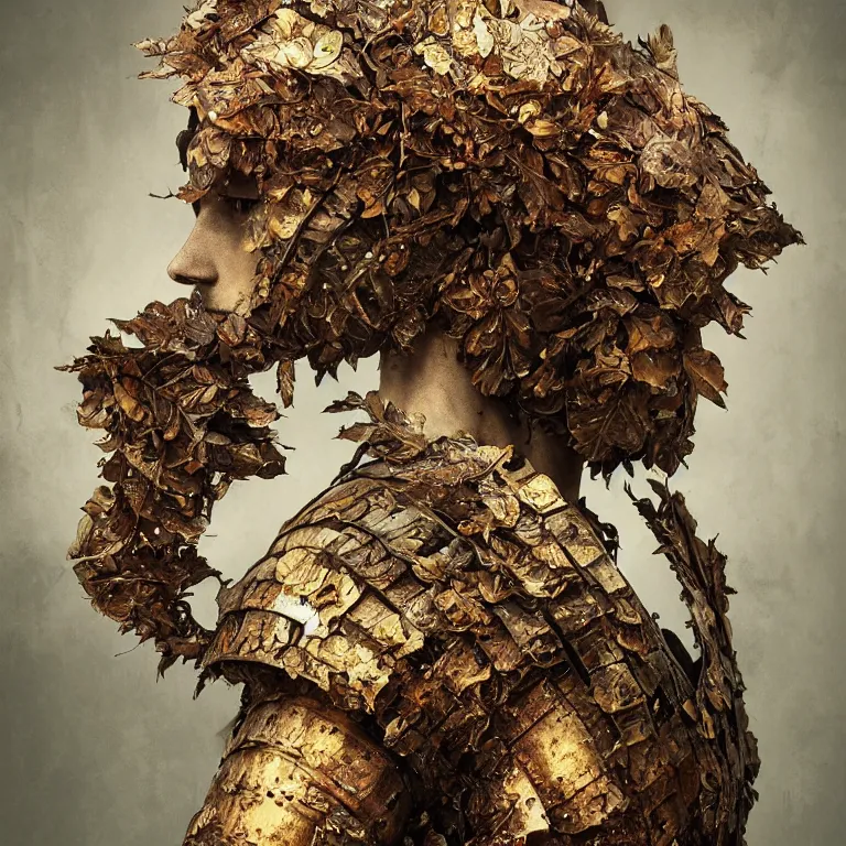 Prompt: rusted tintype portrait of realistic armour made of leaves, seen from behind dramatic light, dystopian environment, intricate, elegant, highly detailed, centered headdress, artstation, sharp focus, artgerm, tomasz alen kopera, peter mohrbacher, donato giancola, joseph christian leyendecker, wlop, boris vallejo, frank frazetta