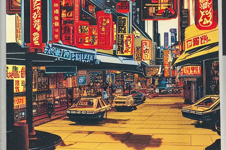 Image similar to 1 9 7 9 science fiction magazine cover depicting a row of shops downtown in neo - tokyo. in the style of bladerunner concept art by syd mead