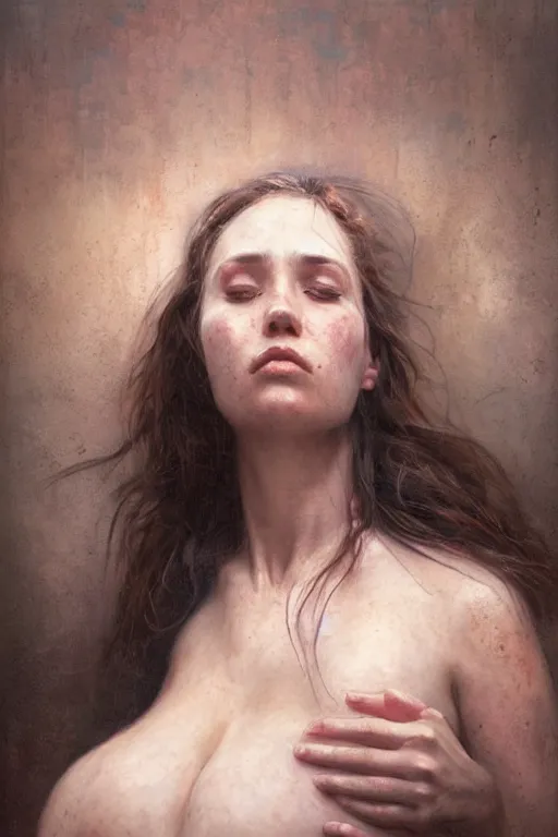 Image similar to pregnant woman in t-shirt by Alyssa Monks, Gaston Bussiere, Stanley Artgerm. full-shot, urban dystopia, hyper realism, realistic proportions, dramatic lighting, high detail 4k