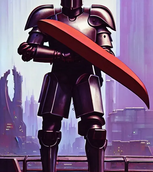 Prompt: a large cyberpunk paladin in rounded heavy plate armor with large shoulder pads and a spartan helmet and a very large shield he is holding a large axe in a cyberpunk setting, 1 9 3 9 omni magazine cover, style by vincent di fate, artgerm, cyberpunk 2 0 7 7, very coherent, detailed, 8 k resolution, unreal engine, daz