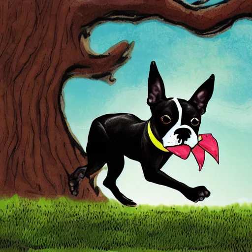 Prompt: a boston terrier running towards a tree, digital art, graphic novel