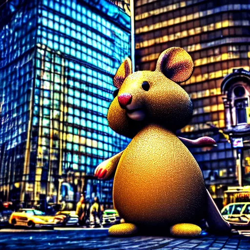 Image similar to giant mouse in the city, photorealistic, highly detailed, sharp focus, vivid, symmetrical, random, convoluted, mind - blowing, creative, fully functional, physics defying, amazing, cool, hdr