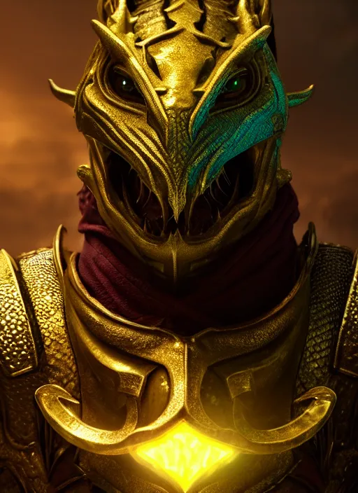Prompt: portrait of a dragonborn hero, golden scales and green eyes, perfect facial symmetry + dim volumetric lighting, 8k octane beautifully detailed render, post-processing, extremely hyperdetailed, intricate, epic composition, grim yet sparkling atmosphere, cinematic lighting + masterpiece, trending on artstation