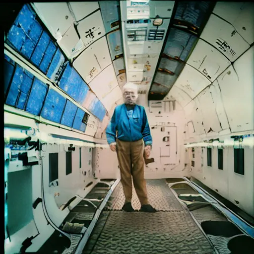 Prompt: Old man at a space station in 2193, Cinestill 800t 50mm, photography, sci-fi