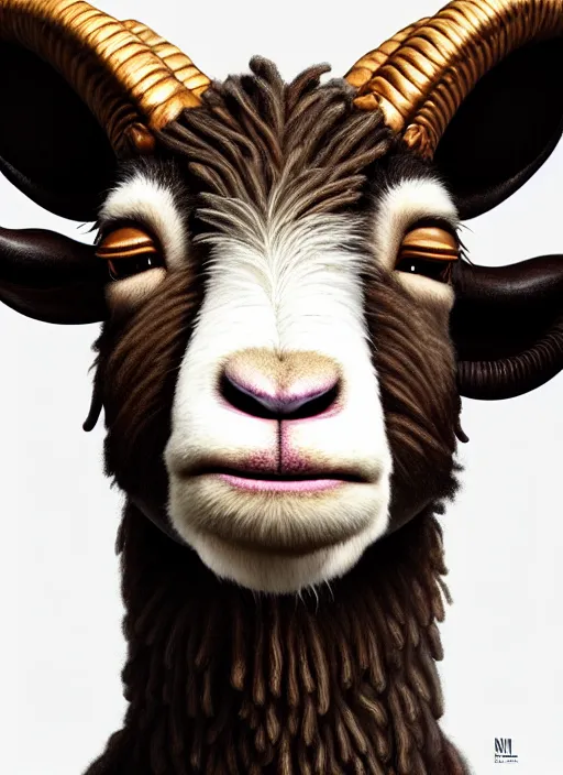 Image similar to anthropomorphic portrait of will smith as a goat, au naturel, hyper detailed, digital art, trending in artstation, cinematic lighting, studio quality, smooth render, unreal engine 5 rendered, octane rendered, art style by klimt and nixeu and ian sprigger and wlop and krenz cushart and pixar and riot and love death & robots