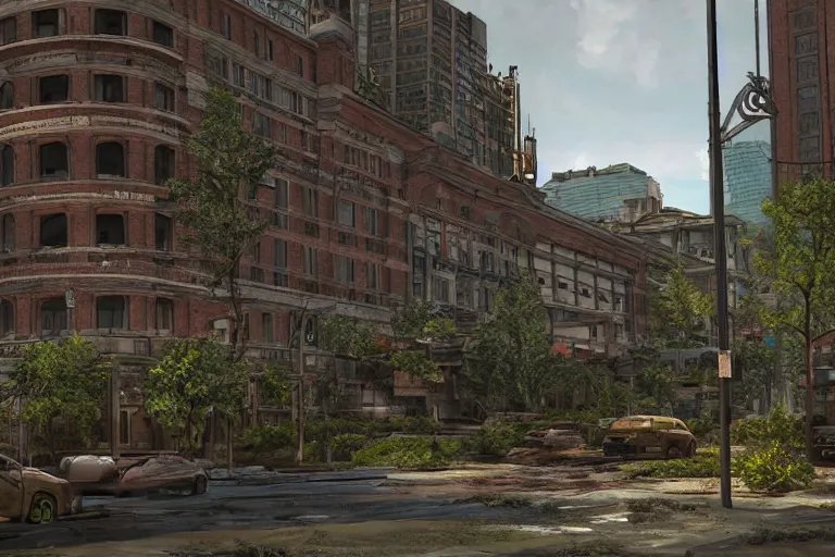 Image similar to realistic digital concept art of palliser hotel, calgary alberta being reclaimed by nature in the last of us, or horizon zero dawn, and tokyo genso style