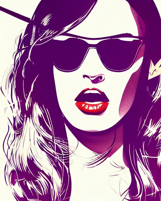 Prompt: closeup portrait of film noir angry megan fox in a bikini wearing ray ban sunglasses, china town blade runner, glamour pose, detailed illustration, digital art, trending on artstation, arney freytag, film noir, patrick nagel, graffiti, gta v,