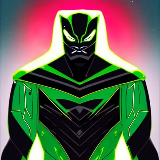 Prompt: dark - skinned superhero with a black suit and very minimal green details, his power comes from a ring that gives him feline - like powers and a spectacular mask that turns the iris of his eyes green. he has beard. as a weapon he has an expandable staff. he wears no cape. he has a belt as a feline tail, digital art