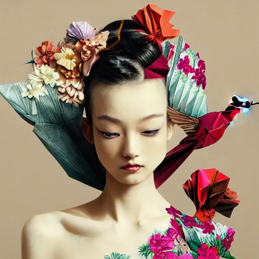 Image similar to 3 / 4 view of a beautiful girl wearing an origami dress, eye - level medium shot, fine floral ornaments in cloth and hair, hummingbirds, elegant, by eiko ishioka, givenchy, nobuyoshi araki, by peter mohrbacher, centered, fresh colors, origami, fashion, detailed illustration, vogue, japanese, reallusion character creator