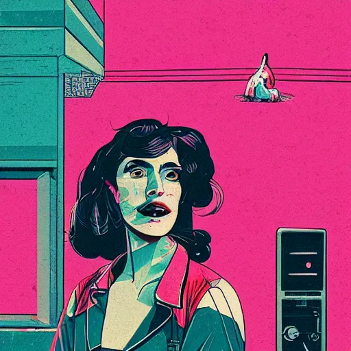 Prompt: a colorfully detailed comic noir style illustration of a beautiful woman posing next to a pink Cadillac in a post-apocalyptic desert by queens of the stone age and sachin teng, dark vibes, street art, cinematic, high contrast, depth of field