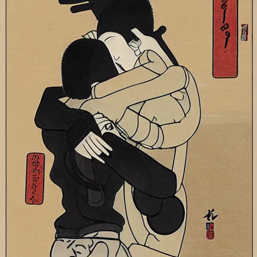 Prompt: a robotic man and woman hugging, shunga style, ukiyo - e art, artstation