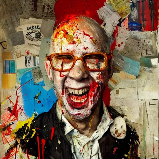 Prompt: hyperrealistic, photorealistic, mixed media oil painting of brother theodore, magazine scraps, plaster, blood, oil, mustard, cigarettes, splatter, trending on artstation, award - winning painting, greg rutkowski, basquiat, ralph steadman, terry gilliam