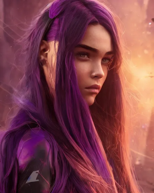 Image similar to madison beer with purple - hair sweaty flowing hair, by marvel trading card, greg rutkowski, wlop, unreal engine, 4 k, hdr