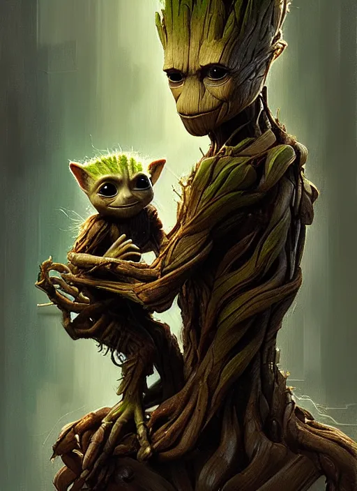 Image similar to very detailed masterpiece painting of groot holding yoda, portrait, artstation, concept art by greg rutkowski