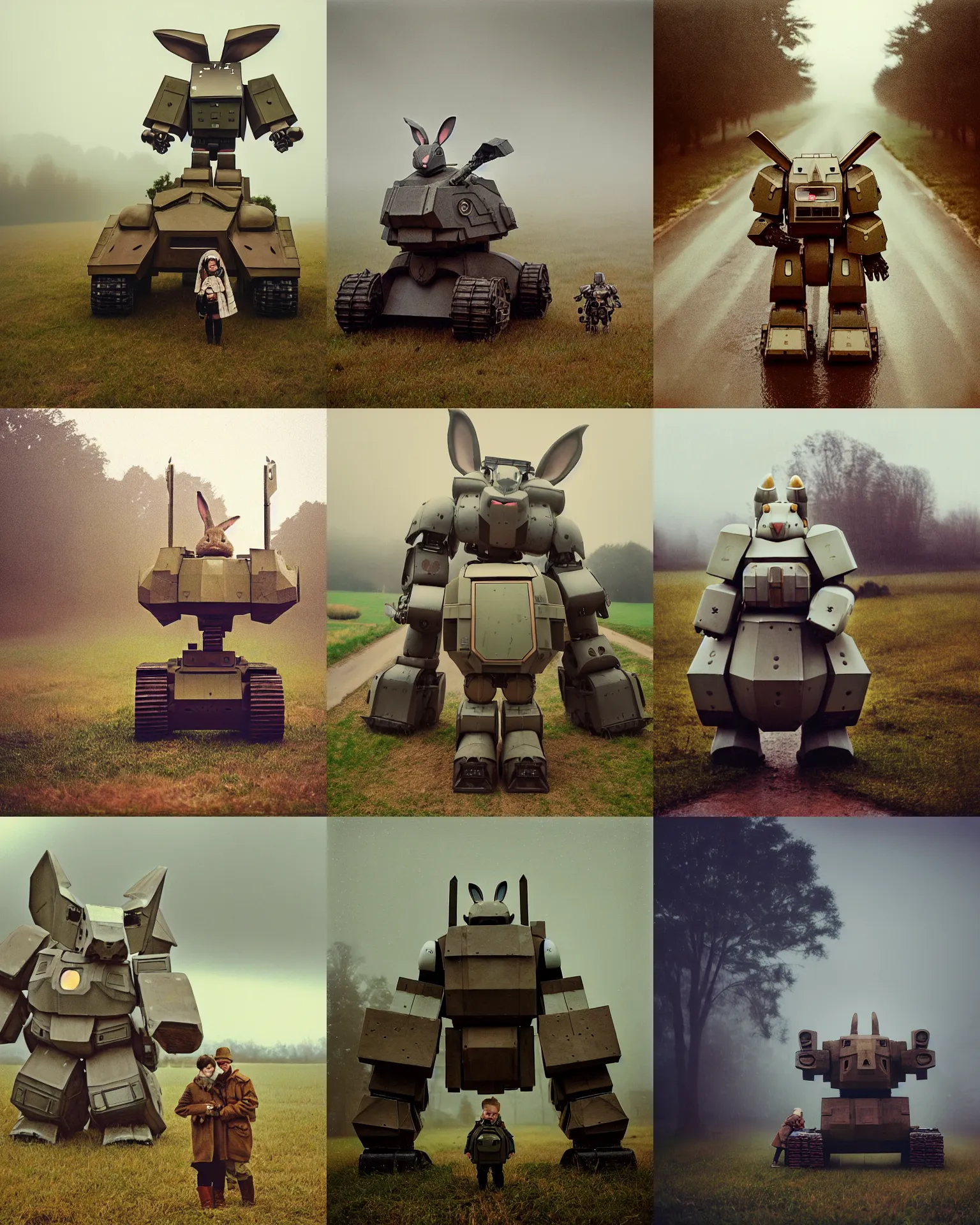 Prompt: giant oversized chubby battle armored rabbit robot mech, with big rabbit ears ,on a rainy rural village , Cinematic focus, Polaroid photo, vintage, neutral colors, soft lights, foggy, panorama by Steve Hanks, by Serov Valentin, by lisa yuskavage, by Andrei Tarkovsky