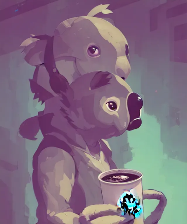 Prompt: a portrait of an anthropomorphic koala holding a starbucks coffee, cyberpunk!, fantasy, elegant, digital painting, artstation, concept art, matte, sharp focus, illustration, art by josan gonzalez