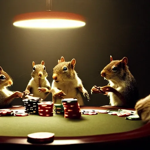 Image similar to still picture of a meeting of squirrels playing poker, dramatic lighting, perfect movie shot, macro, by Roger Deakins, by Andrew Thomas Huang