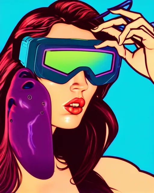 Image similar to closeup beautiful retro future megan fox wearing augmented reality goggles, glamour pose, jetsons, windblown dark hair, seductive, hyper detailed, digital art, studio lighting, smooth, ambient volumetric lighting, sharp focus, dan mumford, alphonse mucha, patrick nagle, 1 9 8 6, gta v, synthwave