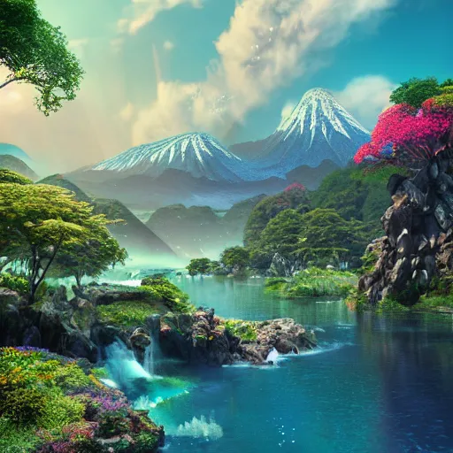 Prompt: mountains, sun, water, japan house, 3 d render, illustration, animals, waterbodies, soft, concept art, intricate details, highly detailed, colorful, photorealistic, disney pixar, octane render, iridescent, anime, 8 k