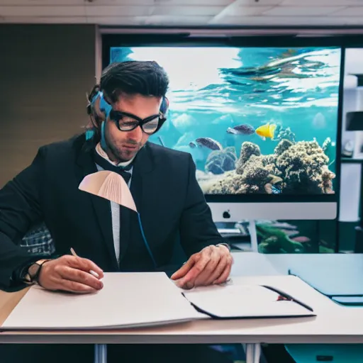 Prompt: photo of someone underwater working at an office desk, cinematic