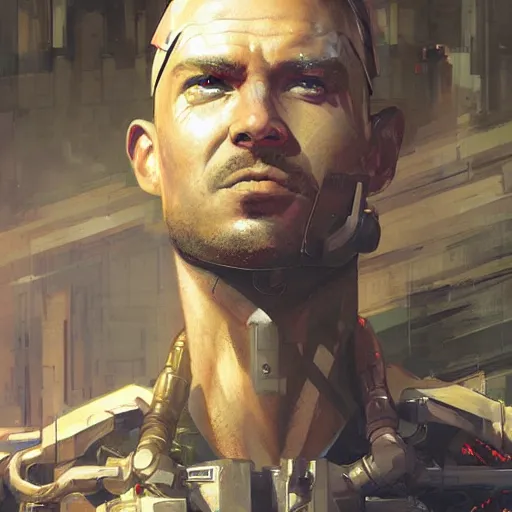 Prompt: a brawny futuristic labourer man with cybernetic enhancements, sci fi character portrait by greg rutkowski, craig mullins