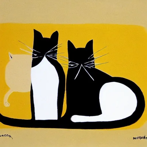 Prompt: [two cat] in the picture [white cat with green eyes] to the left, [black cat with yellow eyes], to the right