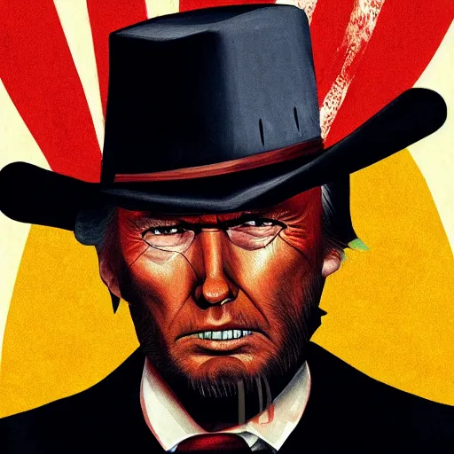 Prompt: donald trump as clint eastwood squinting at high noon in the style of a clint eastwood movie, the good, horse, cactus, the bad and the ugly, clint eastwood, steven seagal, vibe, bud spencer, donald trump, glory days, american flag, patriotism, apple pie, black and white, artgerm, trending on artstation