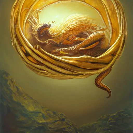 Image similar to long shot of a dragon nesting in a golden metal nest, by esao andrews, by m. w. kaluta, harmonic composition, volumetric light, fresh colors, ultra humorous oil painting, realistic reflections, floral background, smooth, concept art, depth perception, high depth of field, 4 k, unreal engine 5, ultradetailed, hyperrealistic, trending on artstation