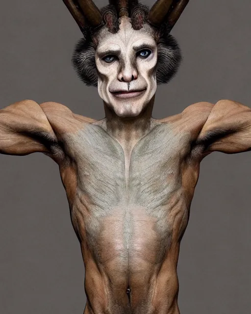 Image similar to Mauricio Macri in Elaborate Pan Satyr Goat Man Makeup and prosthetics designed by Rick Baker, Hyperreal, Head Shots Photographed in the Style of Annie Leibovitz, Studio Lighting