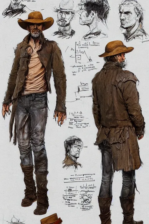 Image similar to character design, reference sheet, 40's adventurer, unshaven, optimistic, stained dirty clothing, straw hat, heavy boots, leather bomber jacket, detailed, concept art, realistic, hyperdetailed, , art by Frank Frazetta