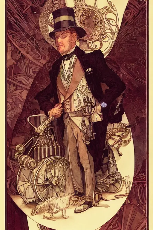 Image similar to zoomed out portrait of a duke, victorian era, art deco style, stylized illustration by moebius and jean - baptiste monge, watercolor gouache detailed paintings in style of syd mead, metabaron, mucha, ghibli studio and disney vibe, diesel punk, artstation