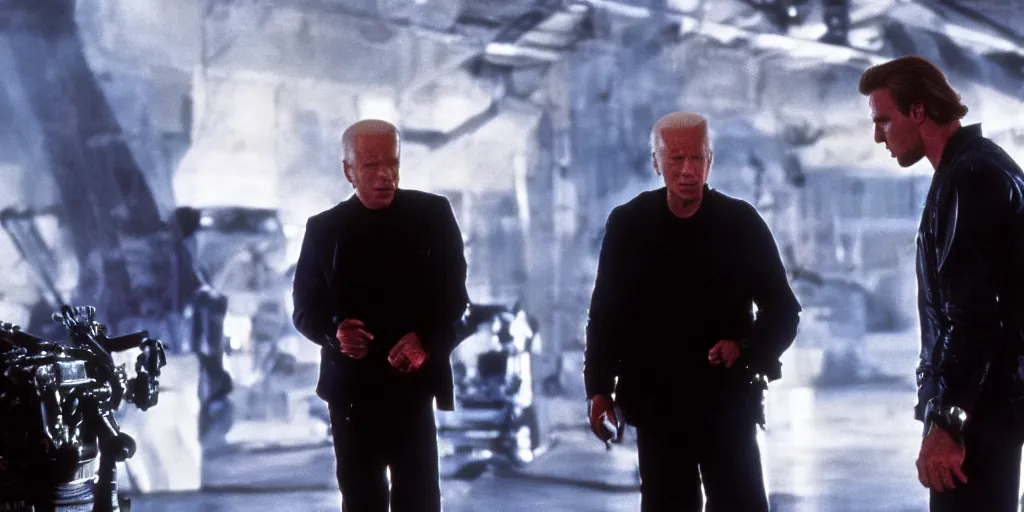 Prompt: joe biden in the terminator shooting terminator donald trump, cinematic, establishing shot, two characters facing each other, extremely high detail, photorealistic, cinematic lighting, James Cameron