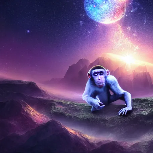 Image similar to the all knowing monkey forming the universe as we know it today, putting the stars in place, beautiful texture, beautiful graphics, fantasy artwork, very beautiful scenery, hd, hdr, ue 5, ue 6, unreal engine 5, cinematic 4 k wallpaper, 8 k, ultra detailed