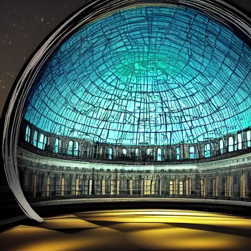 Image similar to City inside of a dome, realistic, glow, night,