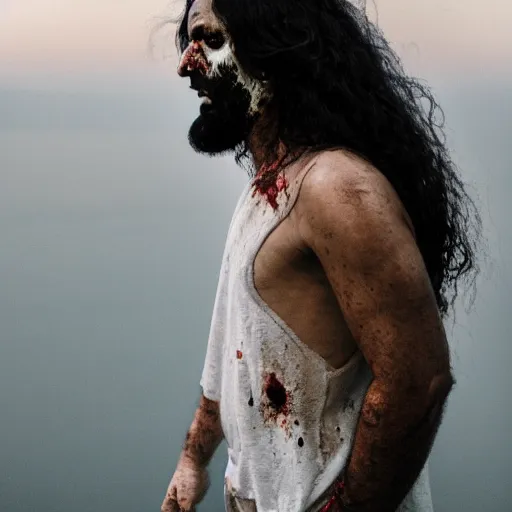 Image similar to middle eastern zombie man in the sky with long hair, canon eos r 3, f / 1. 4, iso 2 0 0, 1 / 1 6 0 s, 8 k, raw, unedited, symmetrical balance, wide angle