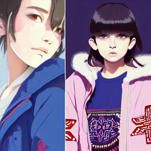 Image similar to a beautiful boyish natalie portman gravure model, wearing oversized mayan bomber jacket and leotard with overalls, bulky poofy bomber jacket with mesoamerican patterns, mesoamerican street fashion, gapmoe yandere grimdark, trending on pixiv fanbox, painted by greg rutkowski makoto shinkai takashi takeuchi studio ghibli, akihiko yoshida