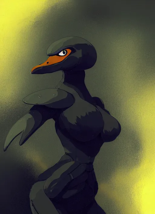 Image similar to portrait of a swan bird, black sky background, chaotic landscape, illustration concept art anime key visual trending pixiv fanbox by wlop and greg rutkowski and makoto shinkai and studio ghibli and kyoto animation, kaki body suit, odst, short body, yellow beak, military gear, grimdark, volumetric lighting