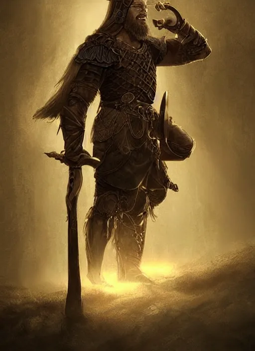 Image similar to aesthetic digital illustration of a kneeling viking warrior, by anne stokes, greg rutkowski, and brian belle din | dirty and bloody, concept art, character concept, matte background. unreal engine, finalrender, centered, deviantart, artgerm