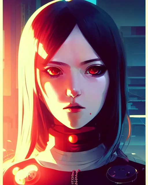 Image similar to a comic potrait of a cyberpunk cyborg girl with big and cute eyes, fine - face, realistic shaded perfect face, fine details. night setting. very anime style. realistic shaded lighting poster by ilya kuvshinov katsuhiro, magali villeneuve, artgerm, jeremy lipkin and michael garmash, rob rey and kentaro miura style, trending on art station