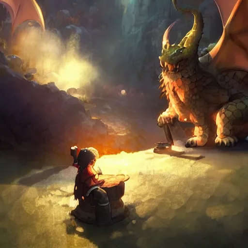 Image similar to a dwarf and a dragon drinking a beer together | gapmoe kuudere moody lighting stunning bokeh highlights sharp contrast | trending pixiv fanbox | by greg rutkowski makoto shinkai takashi takeuchi studio ghibli